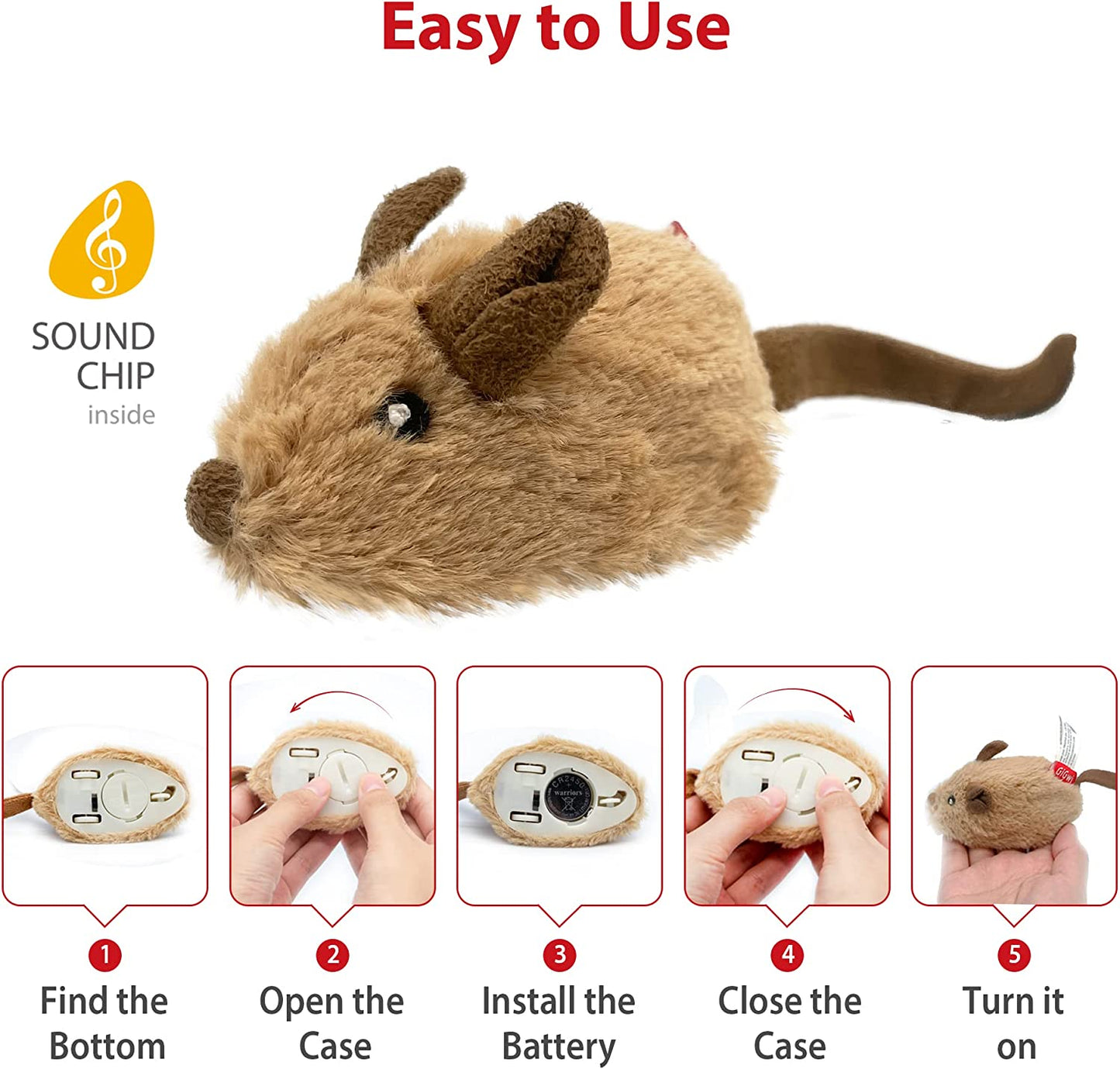 Interactive Cat Toys for Indoor Cats, Cat Mouse Toy with Electronic Realistic Squeaky Sound, Automatic Moving Kitten Toys Electric Mice Toy Self Play Exercise(Brown Ear)