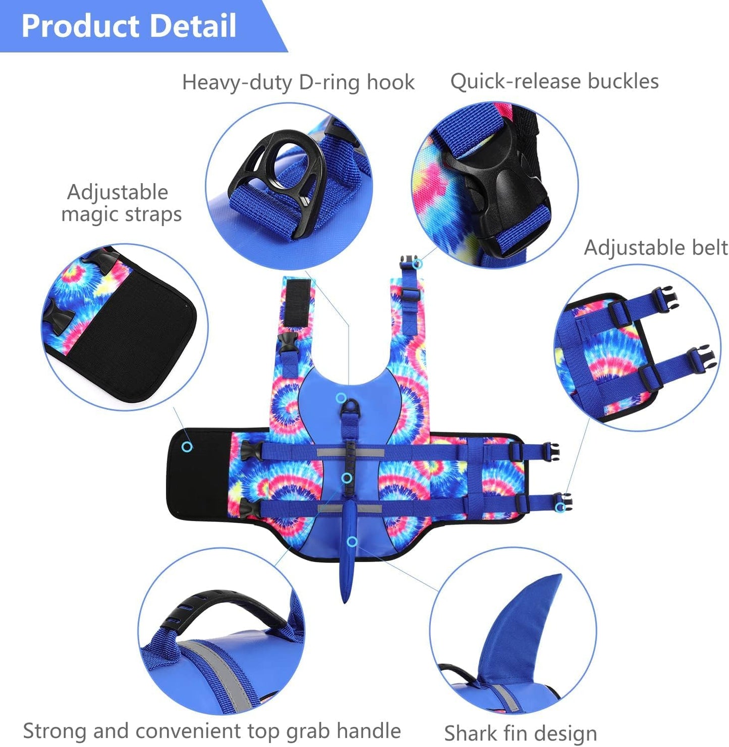 Dog Life Jacket - Pet Safety Vest for Swimming & Boating, Shark Life Jacket with Floatation, Dog Lifesavers Swimsuits for Small Medium Large Dogs (Blue Bandhnu, XL)
