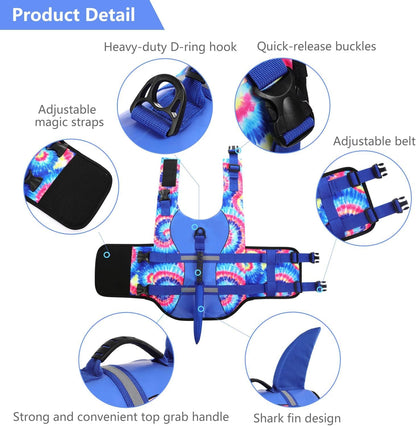 Dog Life Jacket - Pet Safety Vest for Swimming & Boating, Shark Life Jacket with Floatation, Dog Lifesavers Swimsuits for Small Medium Large Dogs (Blue Bandhnu, XL)